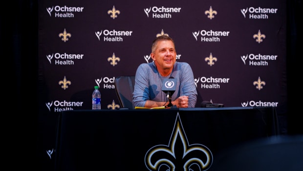 New Orleans Saints head coach Sean Payton speaks during a press conference at Ochsner Sports Performance Center.
